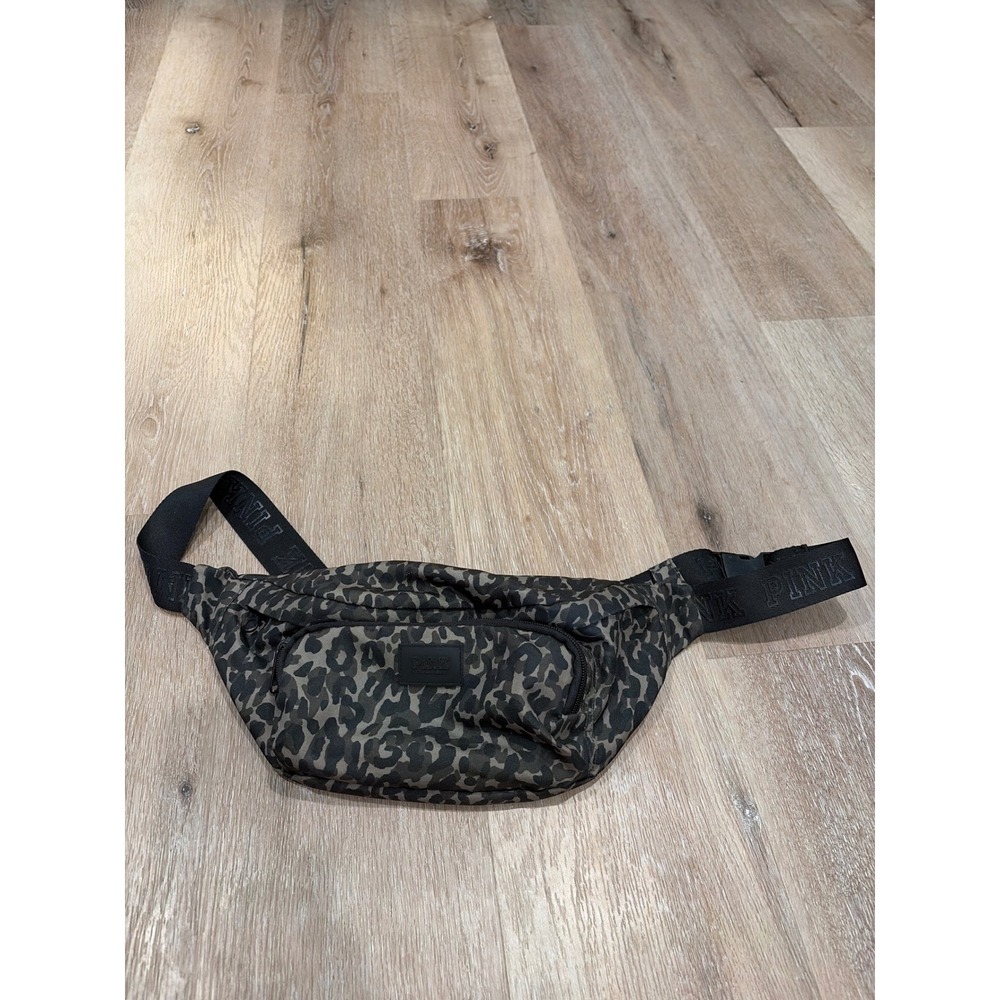 Victoria's Secret PINK Leopard Print Belt Bag Fanny Pack Olive Black Logo Strap